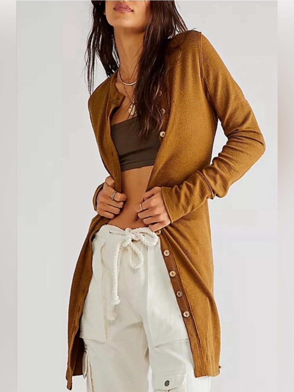 FREE PEOPLE Gia Cardi-Size XS - Warm Tobacco Ribbed Longline Cardigan Dress-NWT